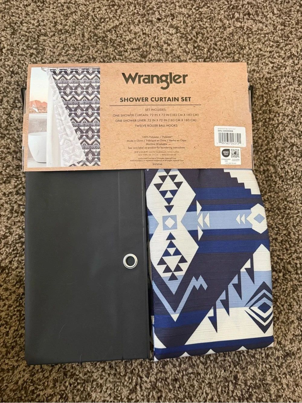 Wrangler Navy and Light Blue Aztec Shower Curtain Set